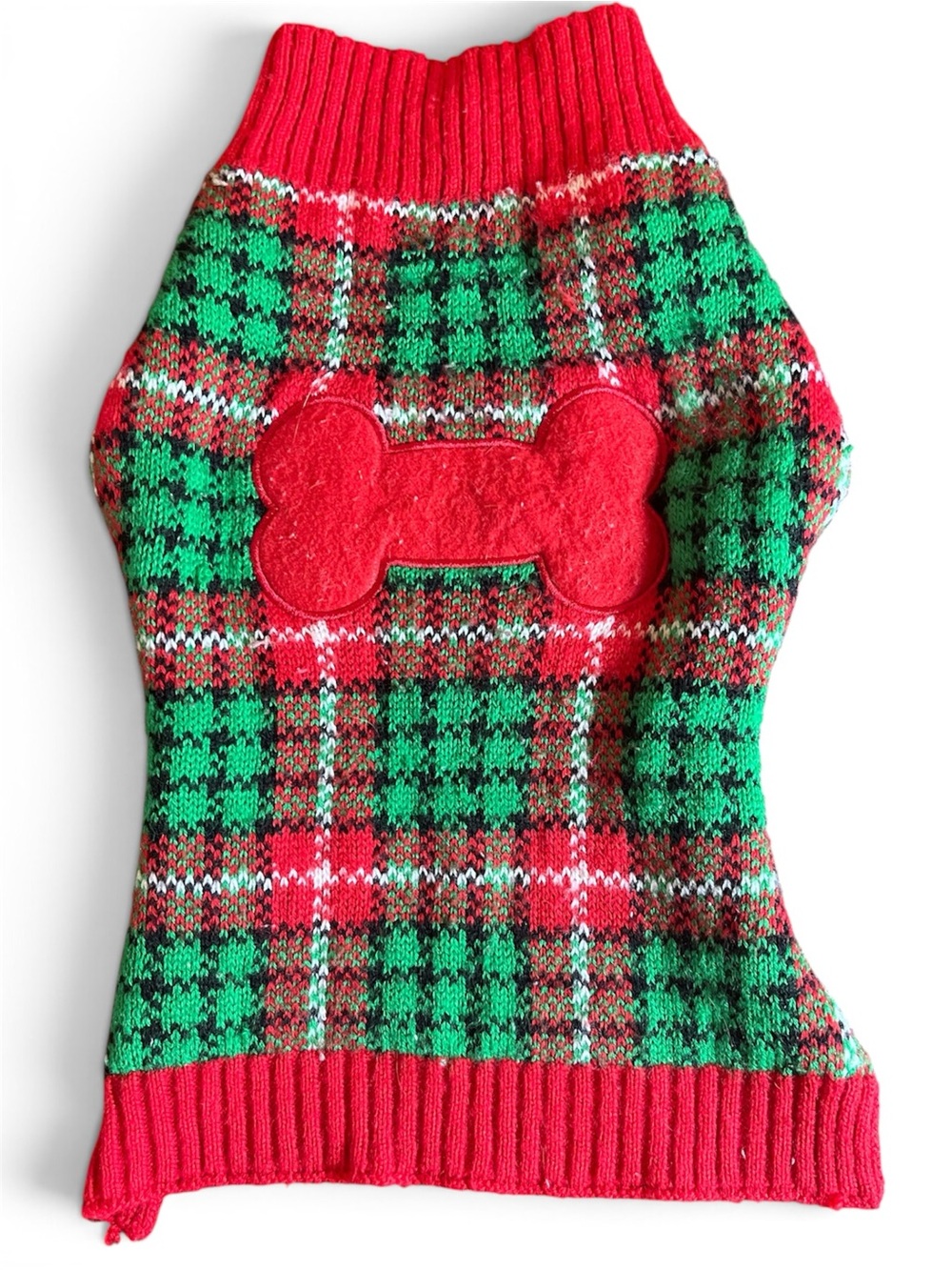Simply Dog Festive Red & Green Plaid Dog Sweater with Bone Accent Sz M
